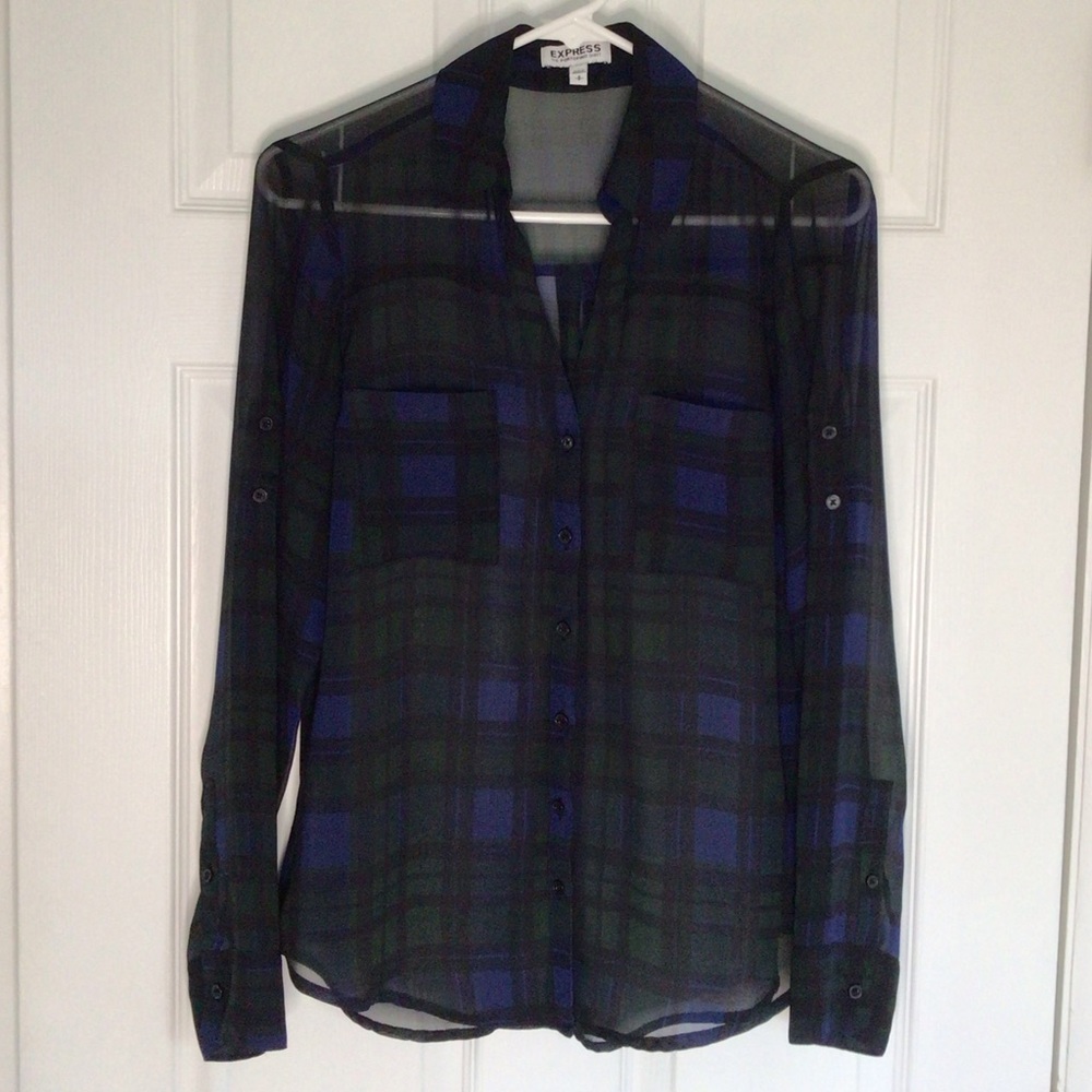 Express Black Portofino Button Up Shirt Small Womens Blue Green Plaid Sheer